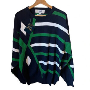 NWT Pringle Intarsia of Scotland Mens Sweater 100% Cotton Blue Geometric Pattern